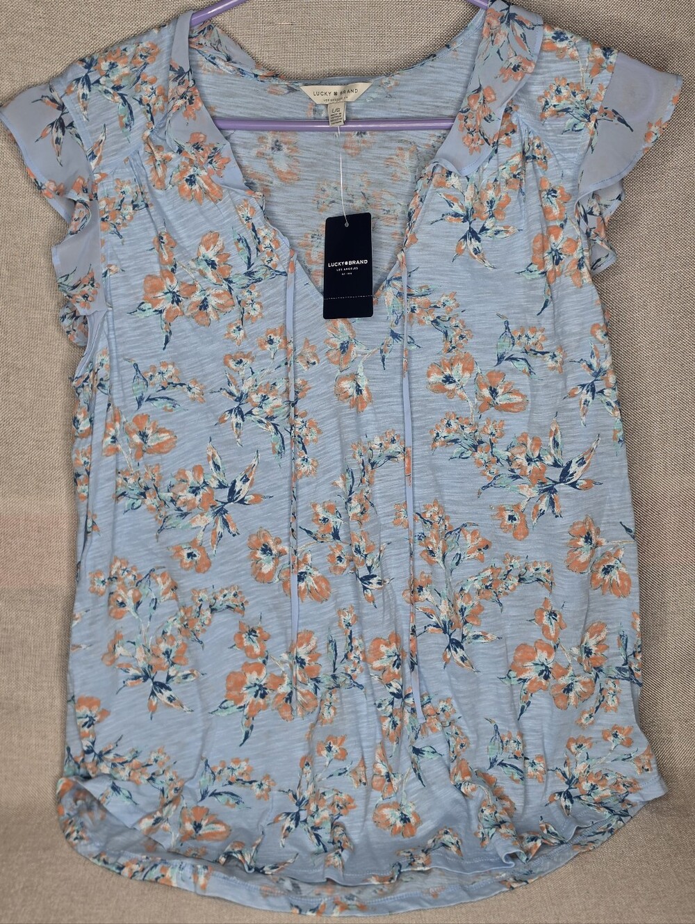 Lucky Brand Women's Light Blue Floral Cap-Sleeve Top Large NWT